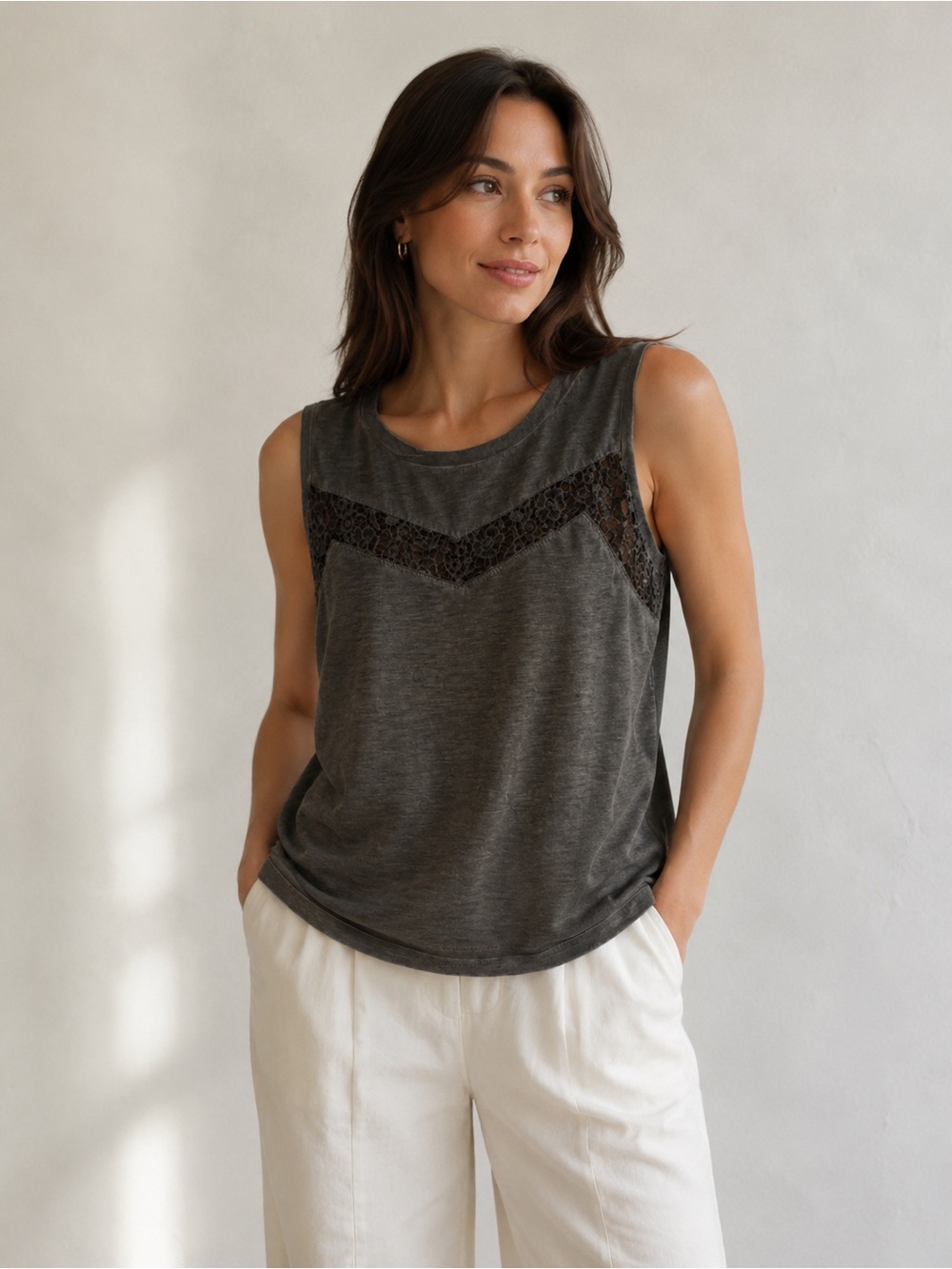 American Eagle Outfitters Charcoal Lace-Trim Sleeveless Tank